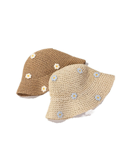 Haila sun hat with scattered daisy pattern, woven straw material, wide brim