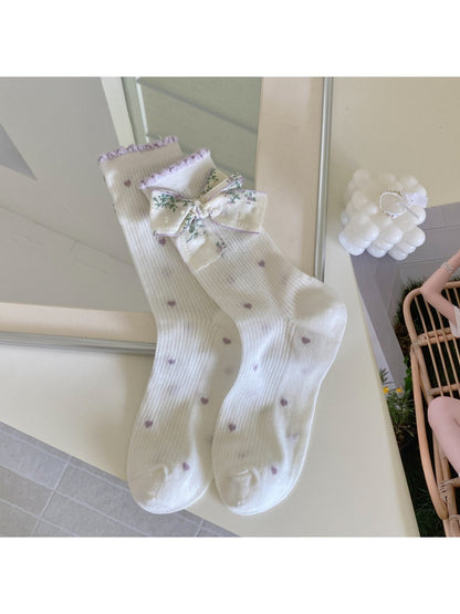 Rufia - Sweet Floral Bow Ruffle Openwork Crew Socks