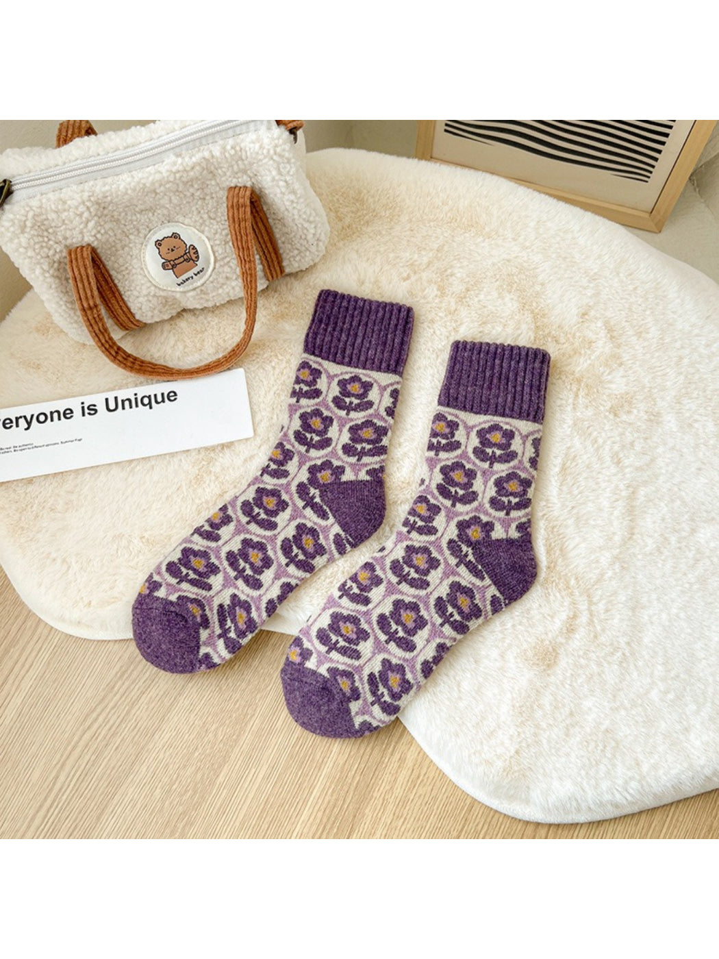 Rufia lavender floral crew socks with purple cuff