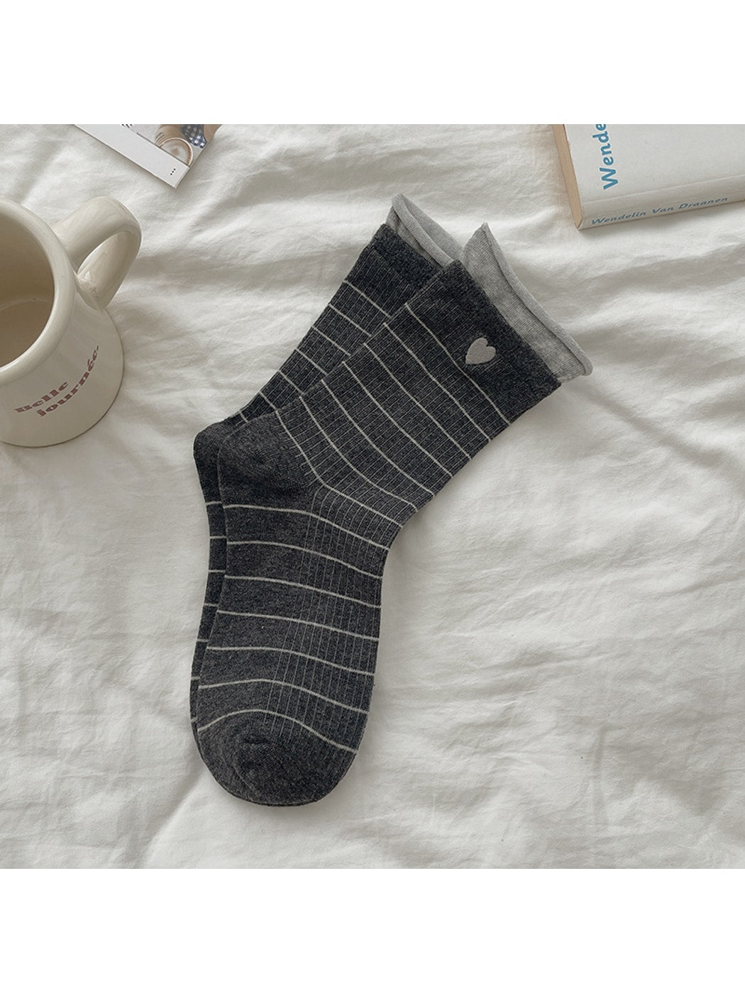 Rufia - Heart Stripe Rolled Cuff Casual Crew Socks