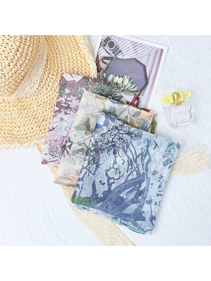 Scarvii Botanical Scene Square Scarf folded showing green and beige botanical print