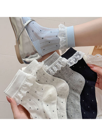Rufia - Polka Dot Lace Trim Sweet Style Crew Socks