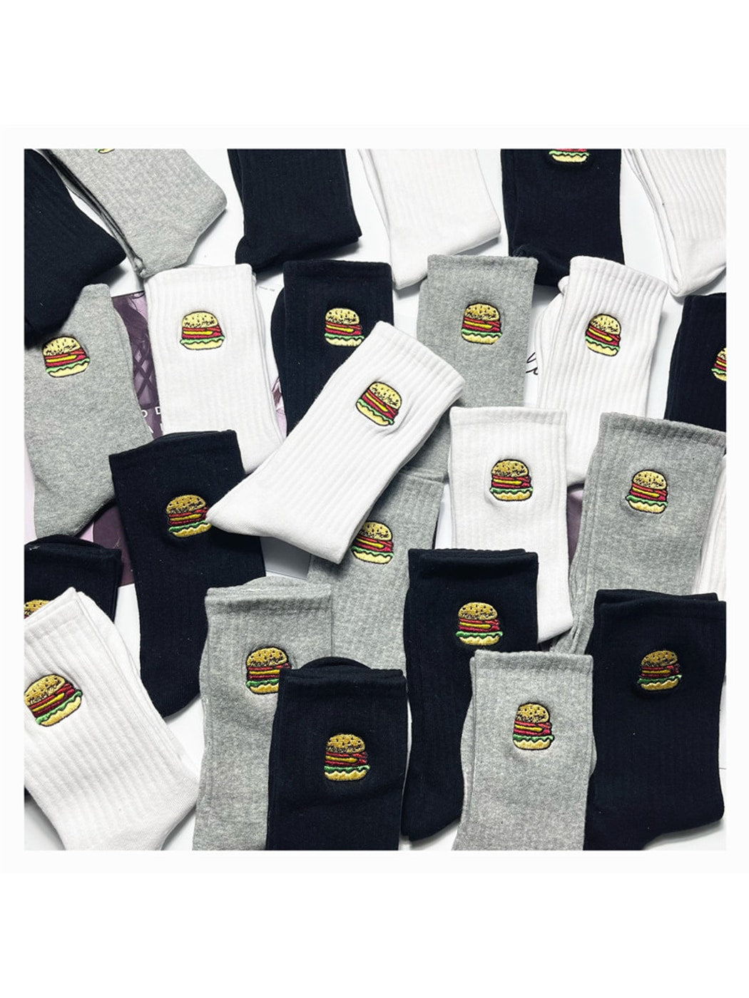 Rufia - Solid Base Burger Motif Crew Socks