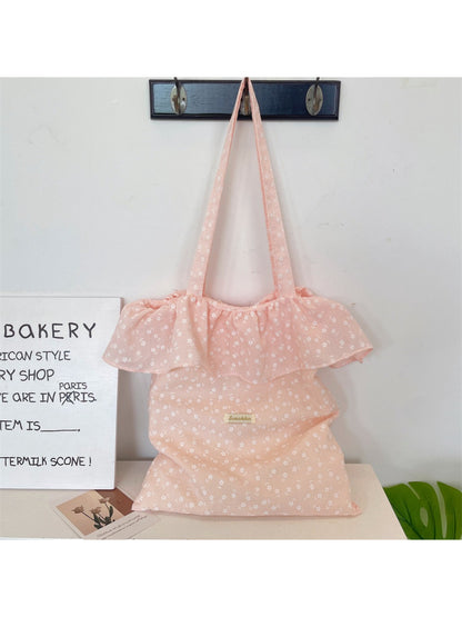 Close-up of Cosbai Tiny Floral Ruffle Tote Bag highlighting ruffle detail and floral print