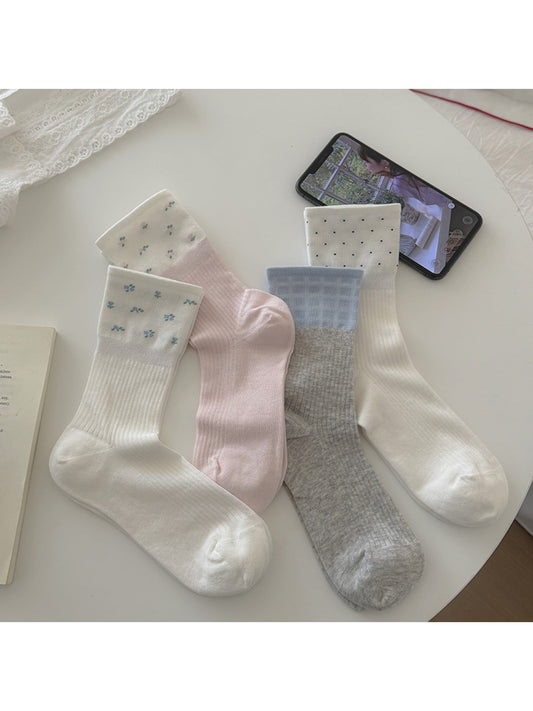 Rufia - Colorblock Style Cute Pattern Crew Socks