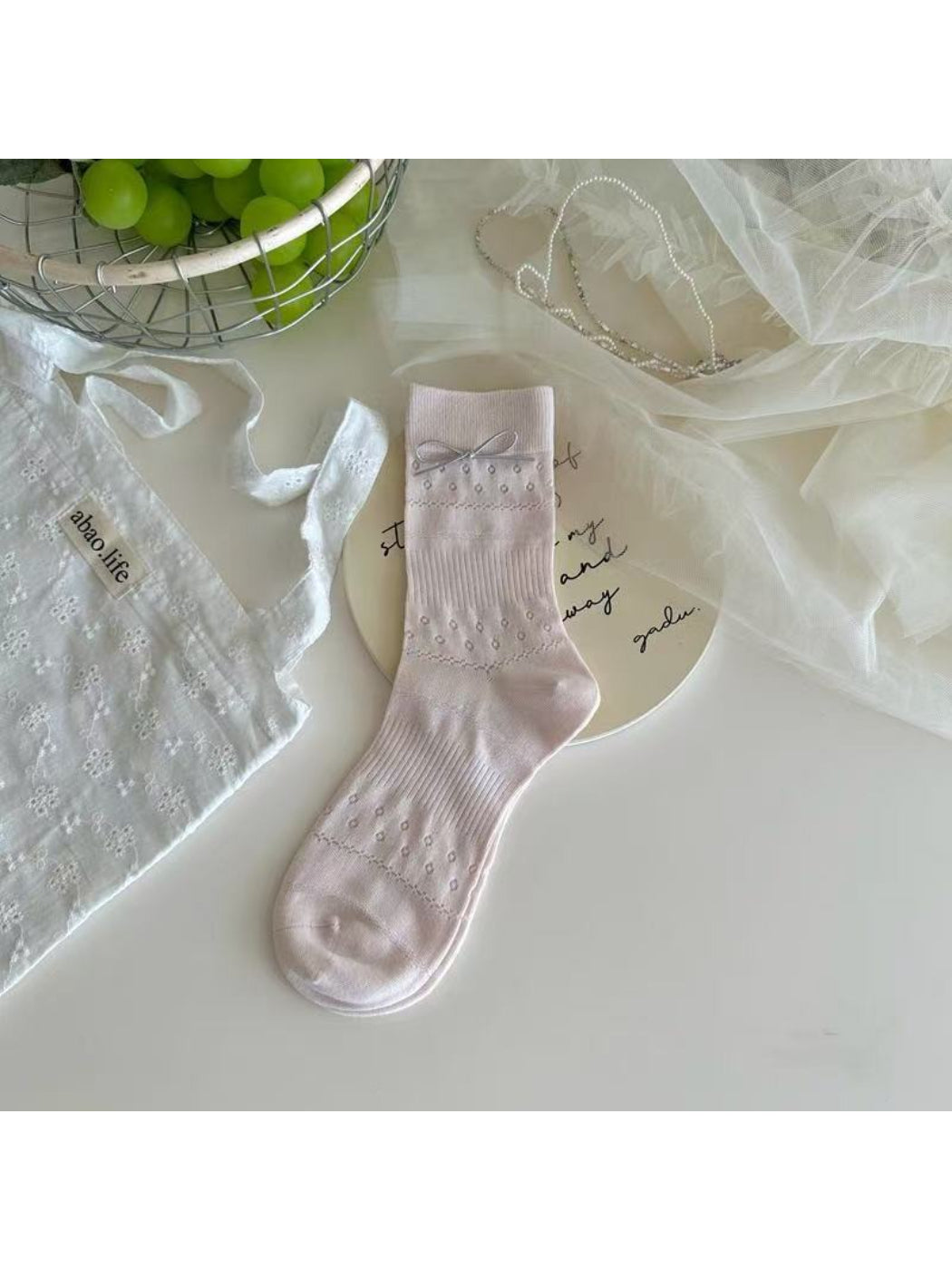 Rufia - Soft Lace Knit Bow Crew Socks