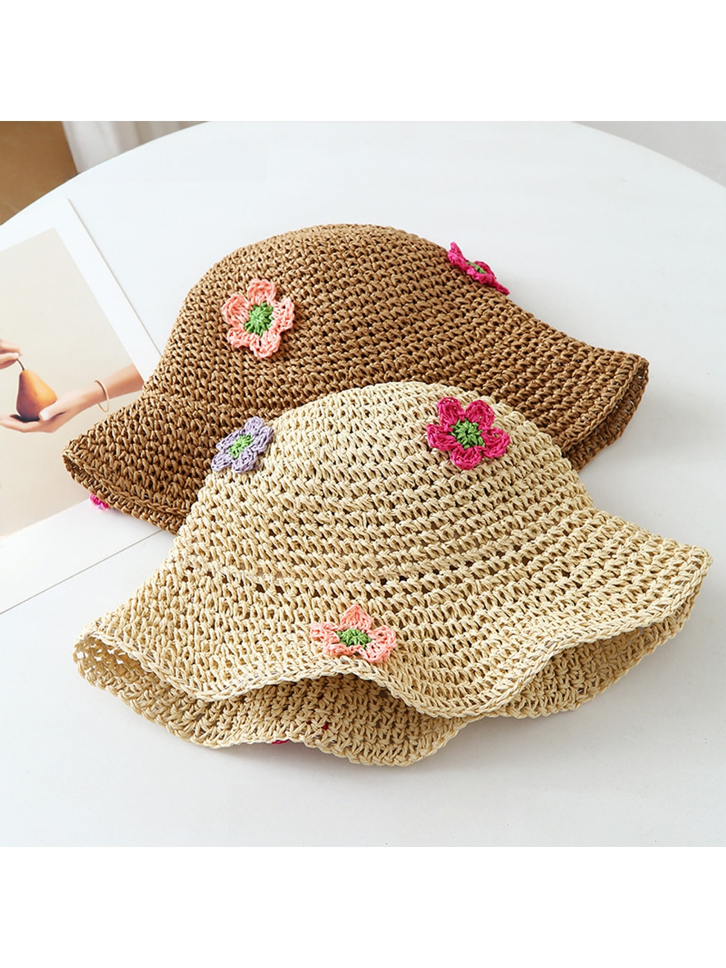 Haila - Wide Brim Floral Accent Summer Bucket Hat