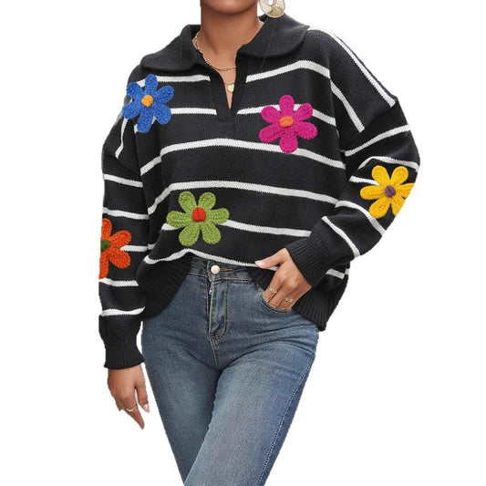 Crosa Colorblock Flower Polo Sweater with color block detail and floral motif