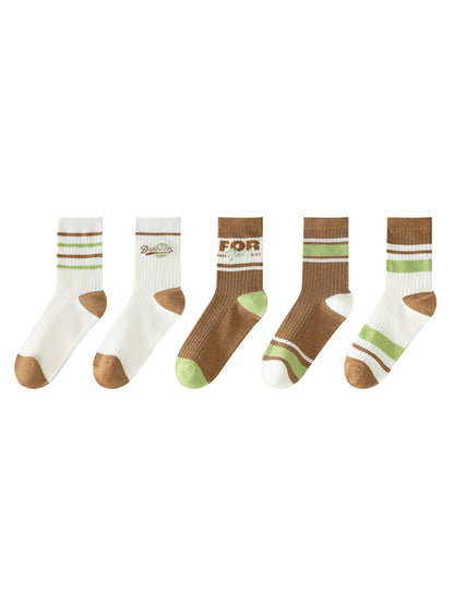 Rufia - Retro Brown Green Striped Crew Socks