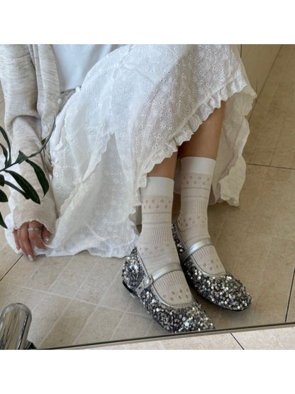 Rufia Dot Floral mid-calf socks arranged to show pattern and length