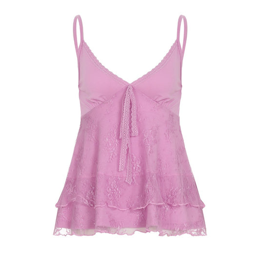 Vesty - Pink Lace Tie-Front Cami Small - Sexy & Slimming