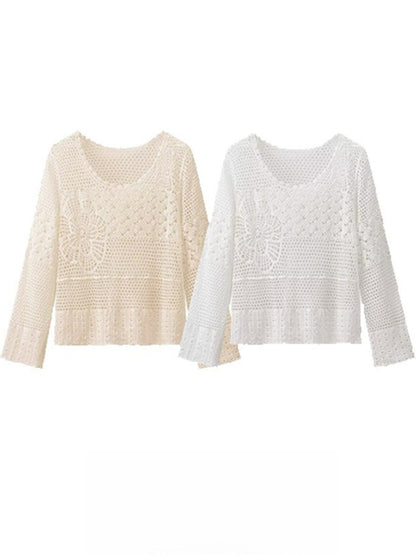 Crosa - Hollow Knitted Round Neck Long-Sleeve Top Sweater