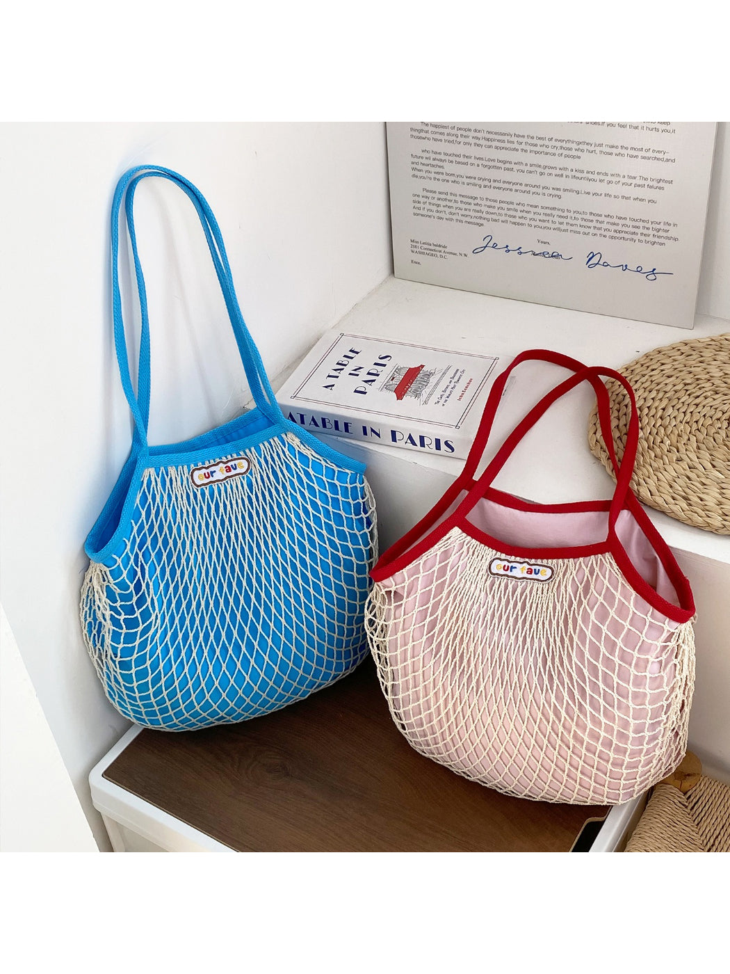 Close-up of Cosbai beach tote bag showing mesh texture and handles