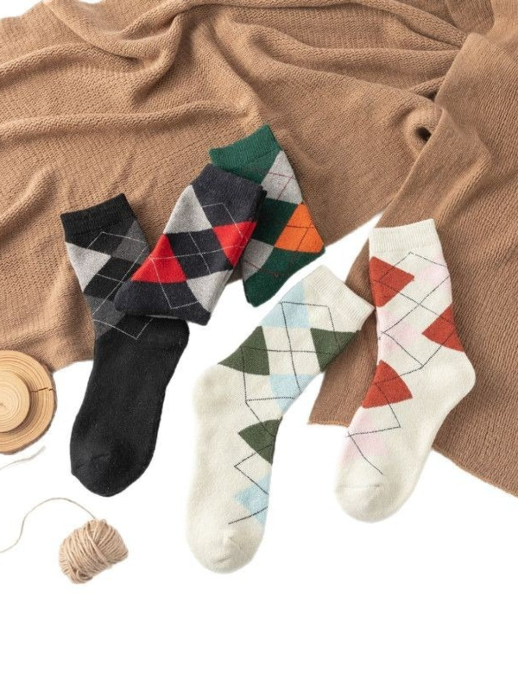 Rufia - Retro Plaid Thick Mid-Calf Winter Socks - 5 Pairs/Pack