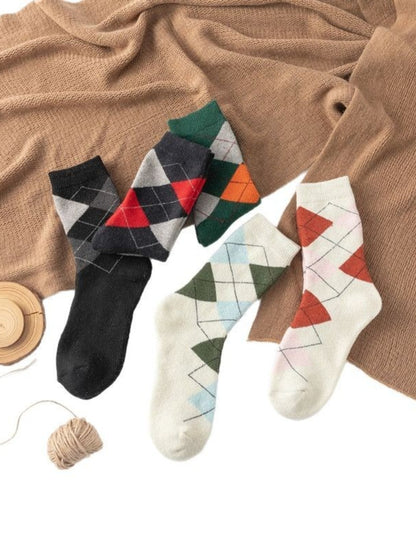 Rufia - Retro Plaid Thick Mid-Calf Winter Socks - 5 Pairs/Pack