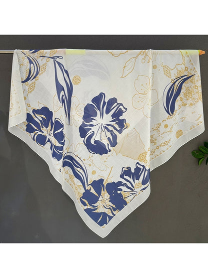 Scarvii - Blue Floral Print Elegant Square Scarf