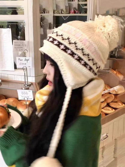 Haila - Fair Isle Pompom Earflap Beanie