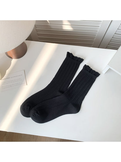 Rufia - Solid Color Ribbed Ruffle Crew Socks