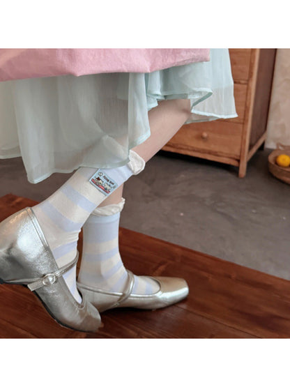 Pair of Rufia cute patch ribbed socks in pastel pink with embroidered patch detail