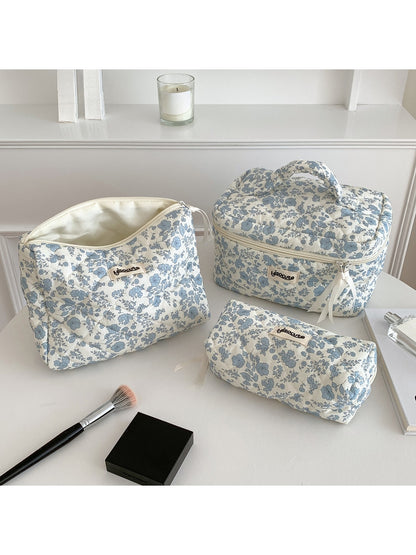 Cosbai - Blue Floral Handheld Cosmetic Organizer Bag