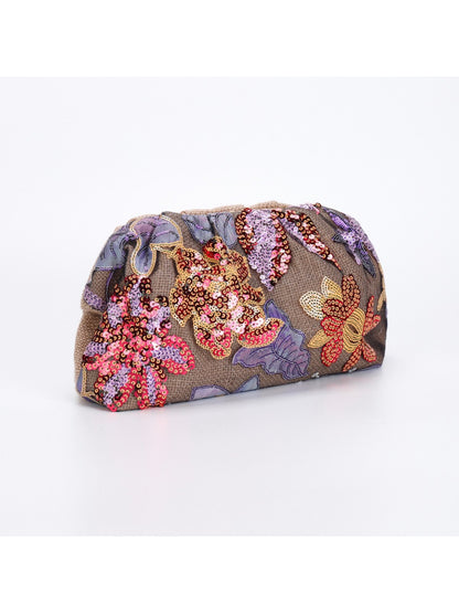 Close-up of floral sequin pattern on Cosbai evening clutch bag showing detailed embroidery
