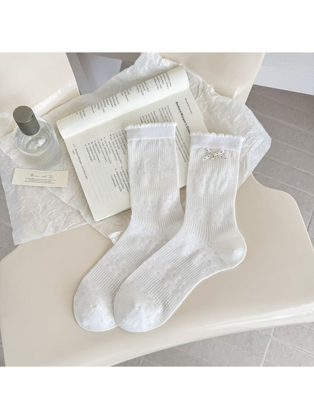 Rufia - Simple Bow Pattern Ribbed Crew Socks