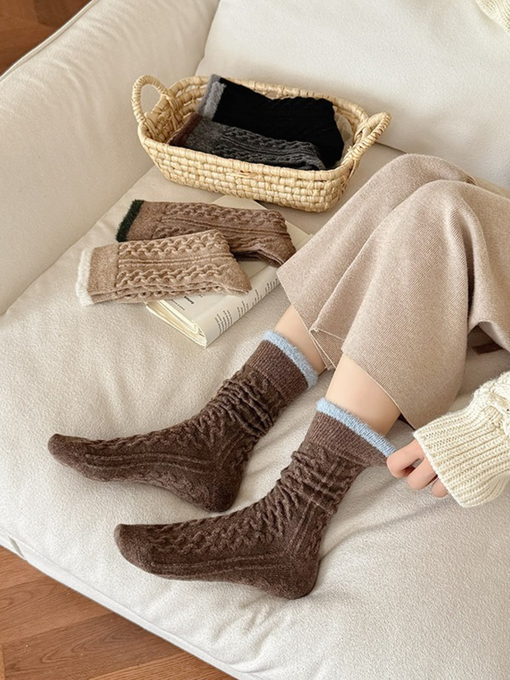 Rufia - Fuzzy Lined Cable Knit Crew Socks