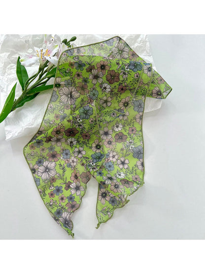 Scarvii - Romantic Floral Printed Ruffled Trim Scarf