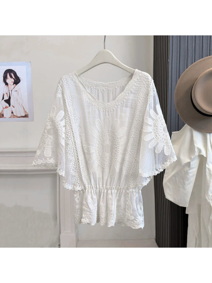 Crosa - Solid Color Lace Embroidered Cover Up