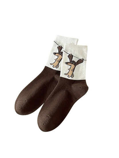 Rufia - Brown Puppy Print Crew Socks