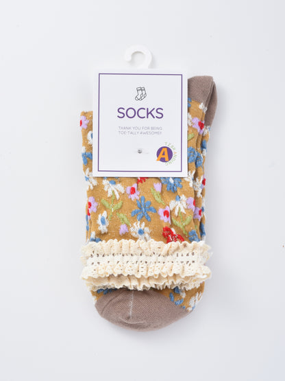Rufia - Lace-Trim Vintage Floral Relief Socks