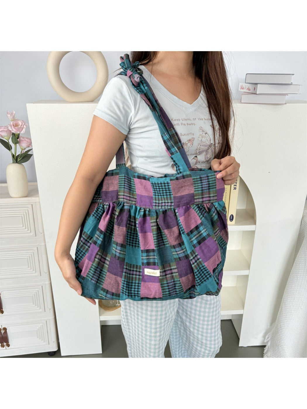 Cosbai Retro Plaid Shoulder Bag shown with strap draped over side