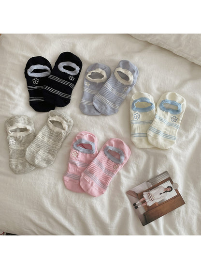 Rufia - Striped Flower Embroidery Low Ankle Socks