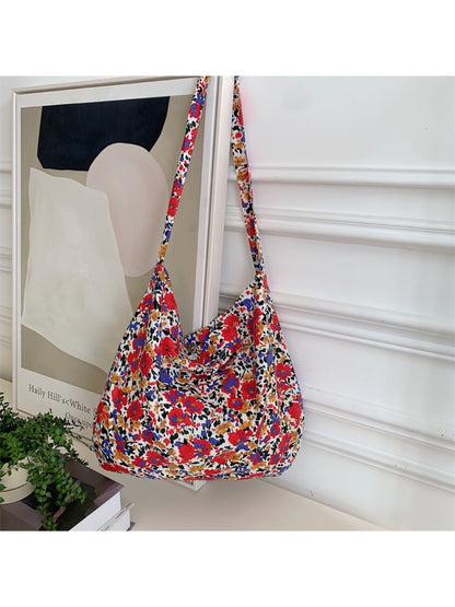 Cosbai - Painterly Floral Pattern Soft Shoulder Tote Bag