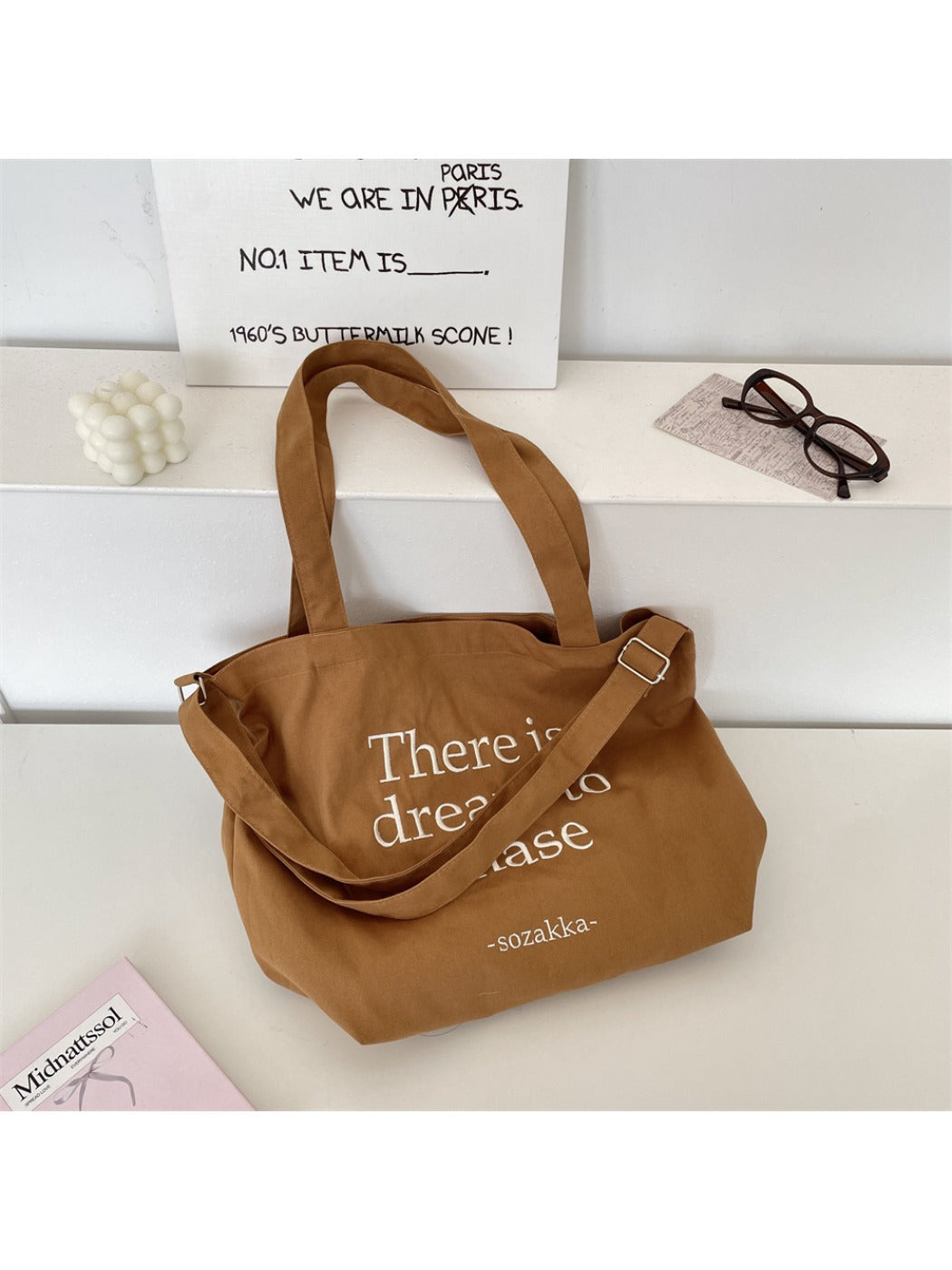 Cosbai - Korean Letter Canvas Tote Bag for Women