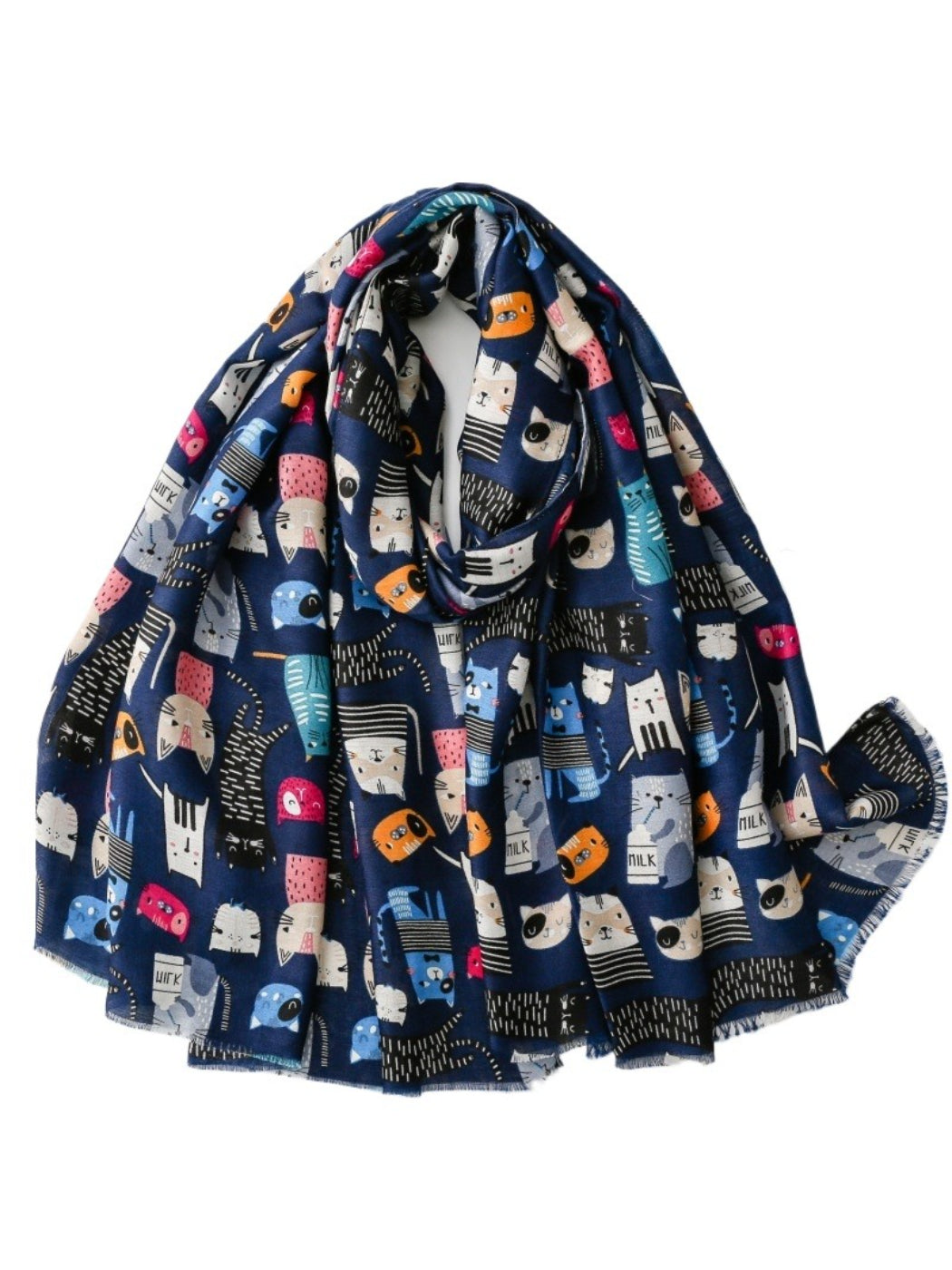 Close-up of vibrant cat sketch pattern on Scarvii colourful scarf
