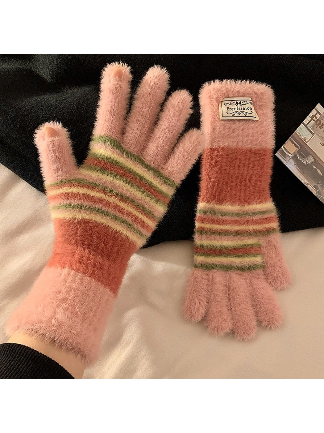 Gloving - Plush Stripe Finger-Opening Winter Gloves