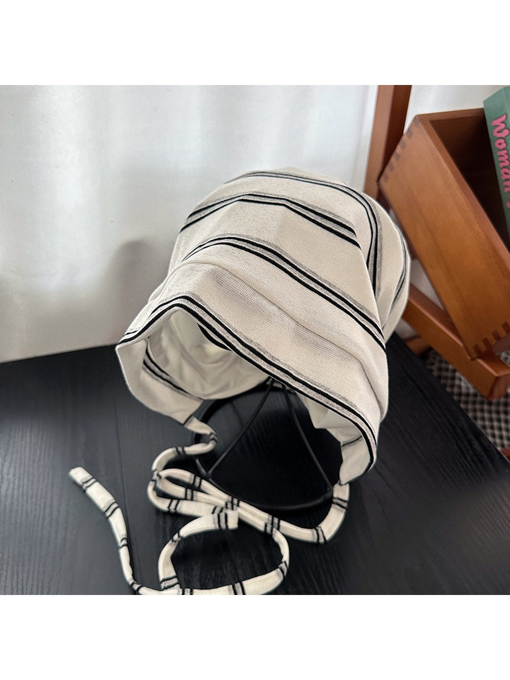 Haila - Striped Tie Strap Round Crown Knit Hat
