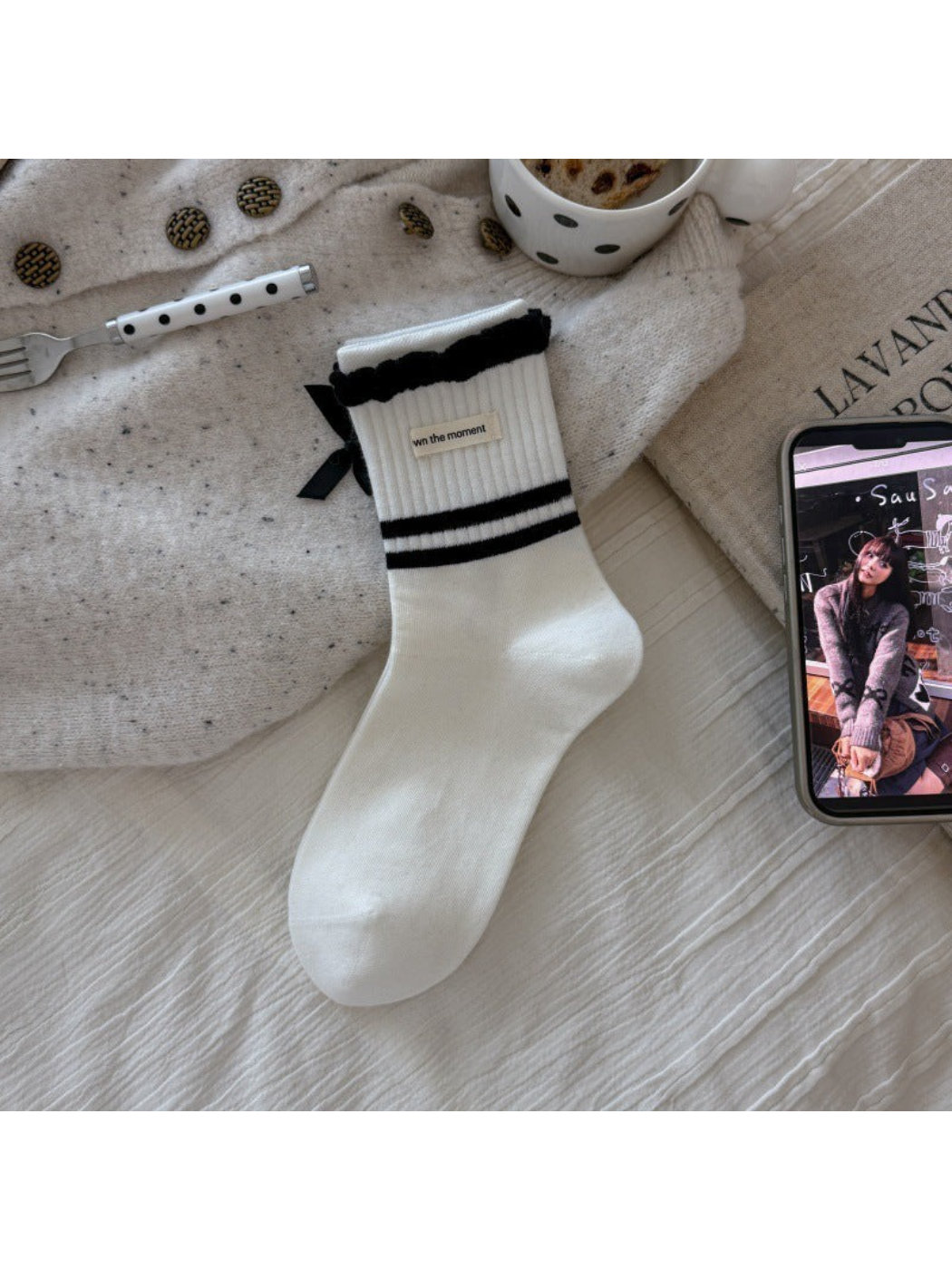 Rufia - Double-Stripe Ruffled-Cuff Crew Socks