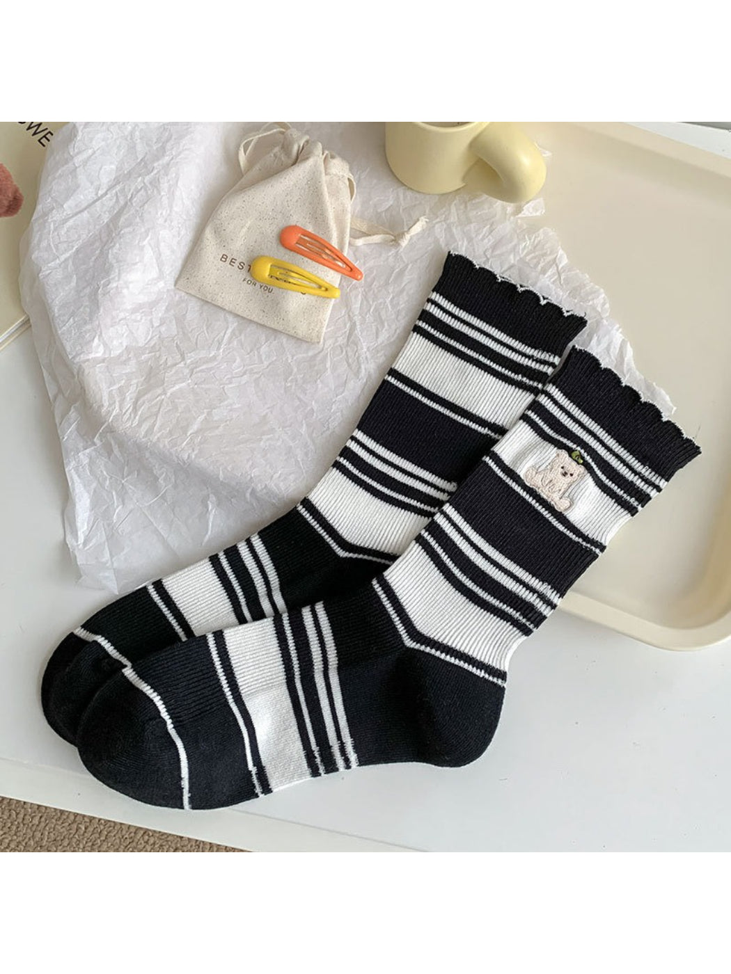 Rufia Soft Stripe Bear Crew Socks laid flat showing full length and stripe pattern