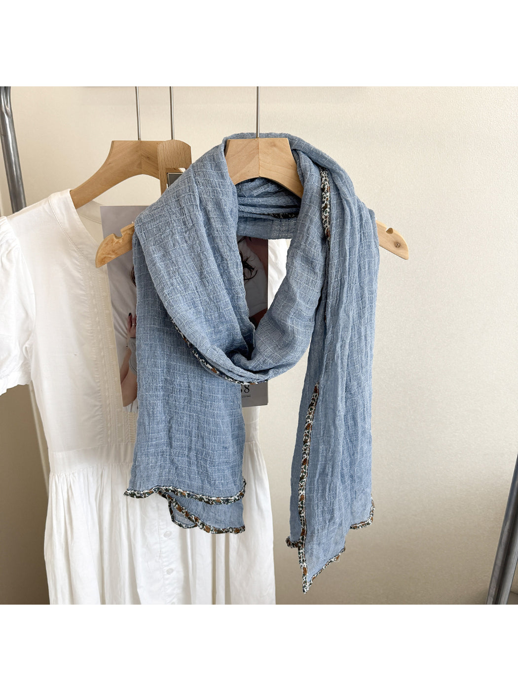 Scarvii - Woven Floral Trim Long Scarf