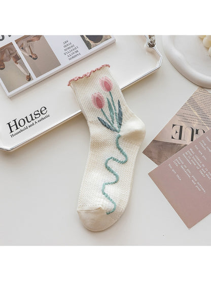 Rufia - Floral Ruffle Cuff Casual Crew Socks