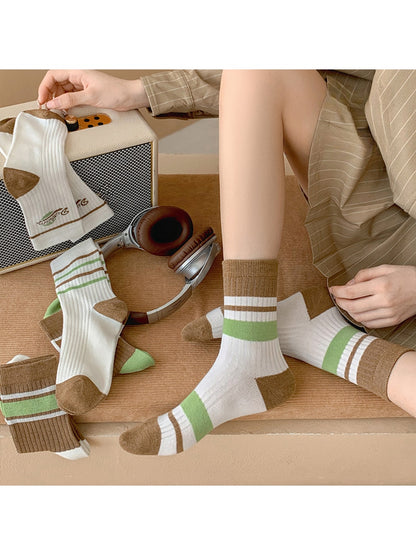 Rufia - Retro Brown Green Striped Crew Socks