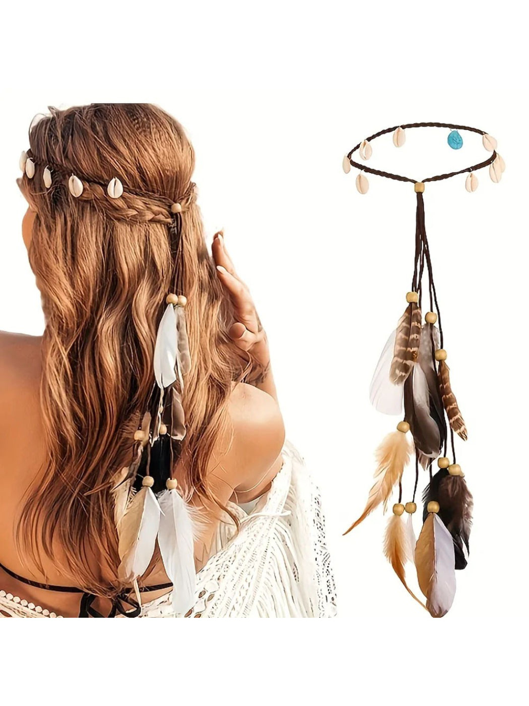 Boho shell feather tassel hair headpiece with natural shells and white feathers on a white background