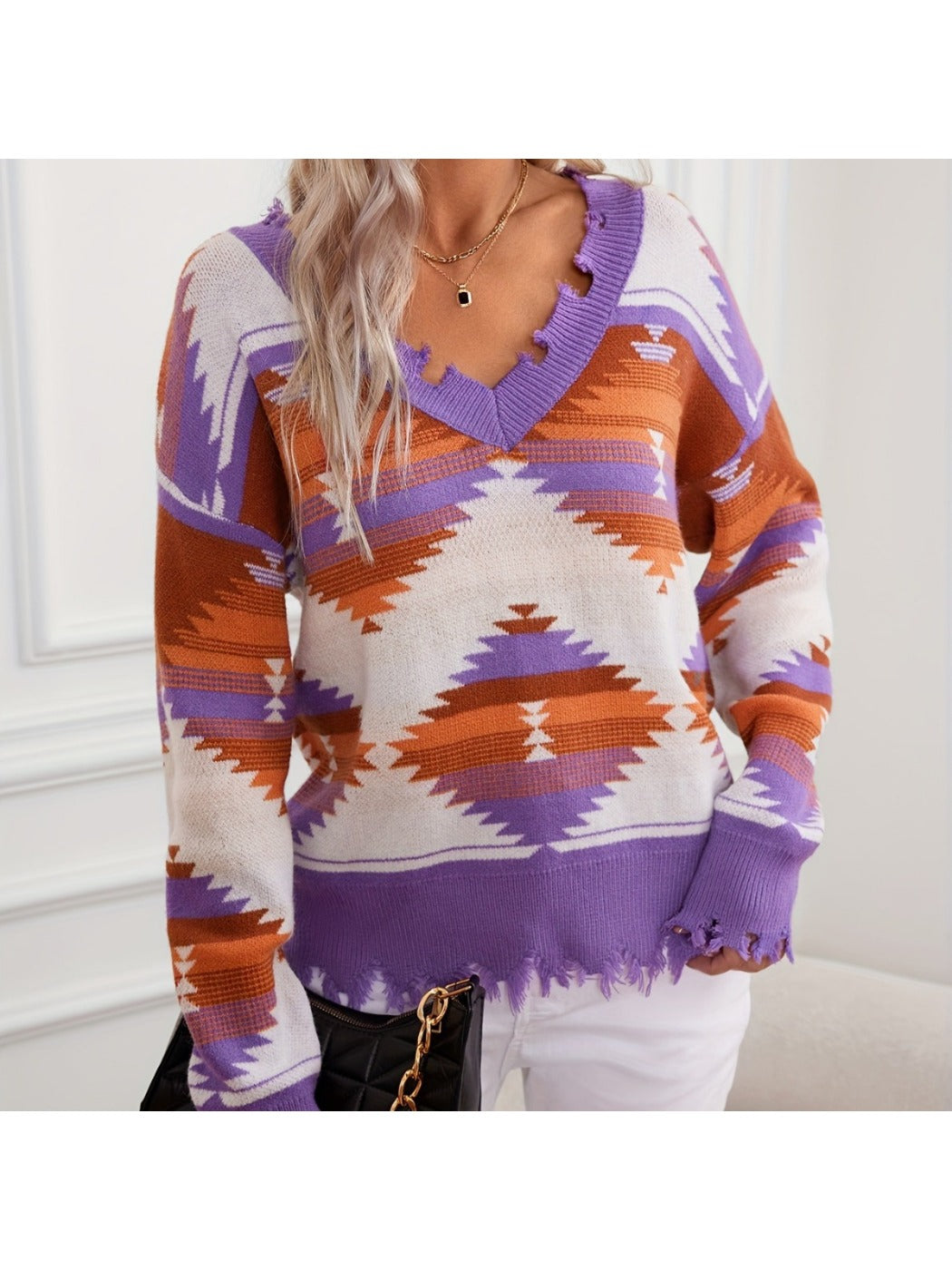 Crosa - Distressed Knit V-Neck Geometric Sweater