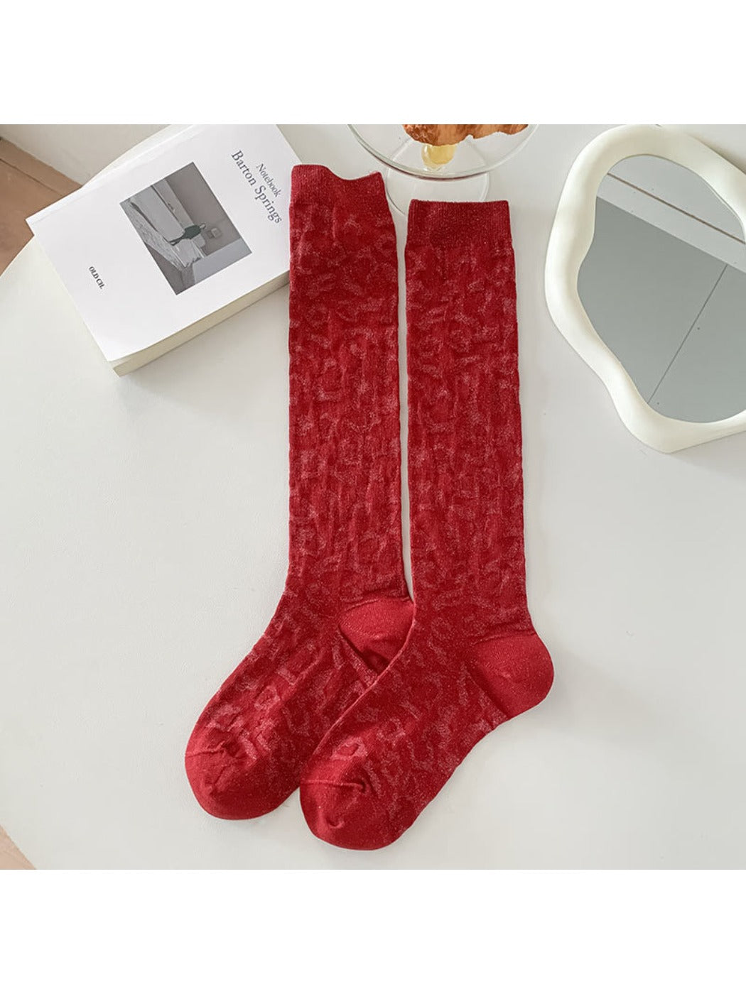 Rufia - Retro Solid Color Knee-High Socks with Embossed Print