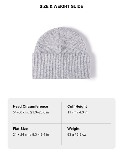 Multicolor fuzzy ribbed wide cuff knit beanie size and weight guide with metric and imperial measurements