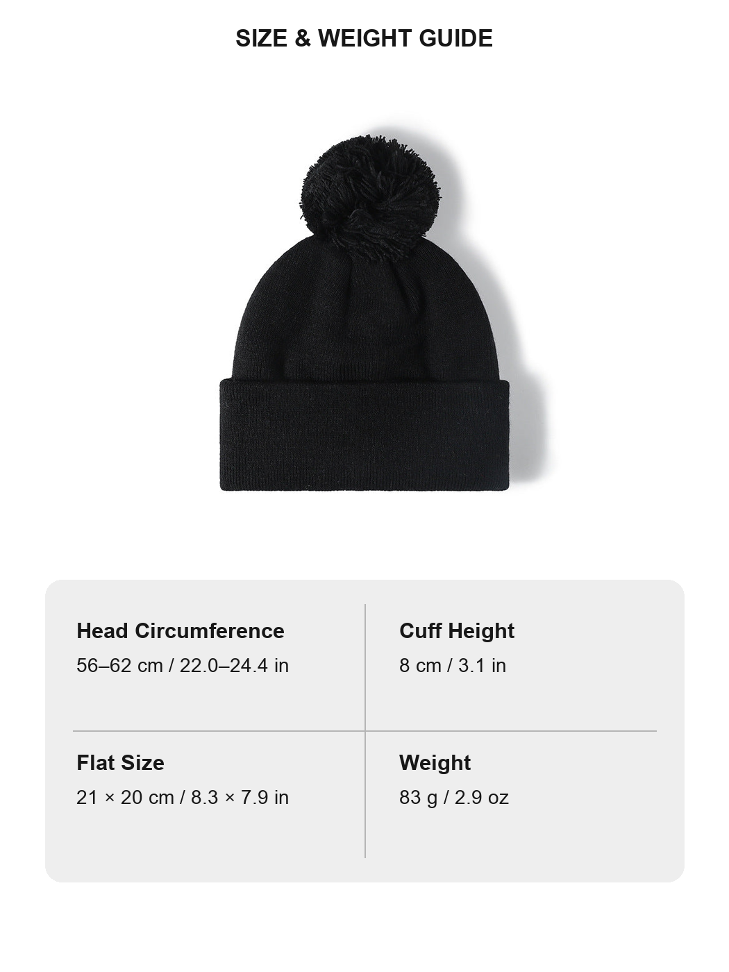 Multicolor plush lined pom cuffed knit beanie size and weight guide with metric and imperial measurements