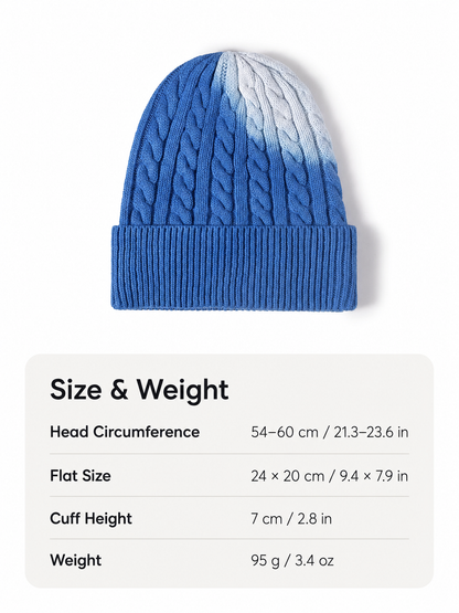 Multiple Styles gradient Cable Cuffed Knit Beanie size and weight guide with metric and imperial measurements