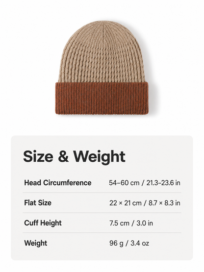 Multicolor colorblock Plush Lined Cuffed Knit Beanie size and weight guide with metric and imperial measurements
